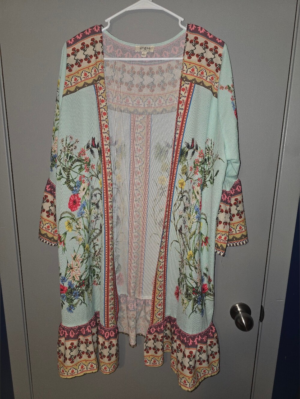 Umgee Mint and Blush Floral Border Open Cardigan
